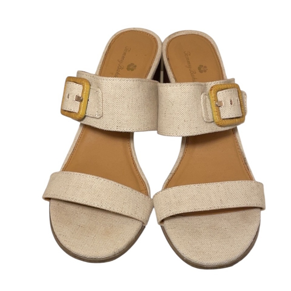 Tommy Bahama Trista Sandal Neutral Tan Linen Block Heel Mule Women’s Size 10 M